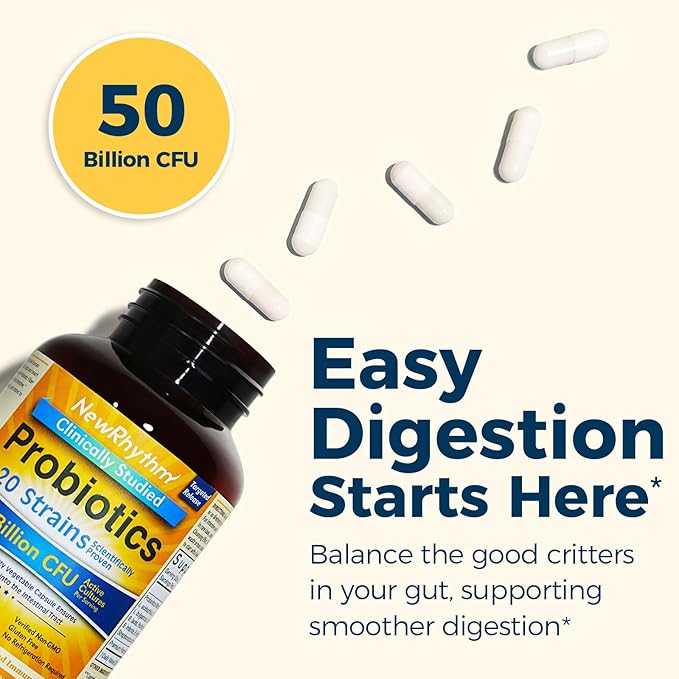 NewRhythm Probiotics 50 Billion CFU 20 Strains, 120 Veggie Capsules, Targeted Release Technology, Stomach Acid Resistant, No Need for Refrigeration, Pack of 1, Non-GMO, Gluten Free-SeraviaPure