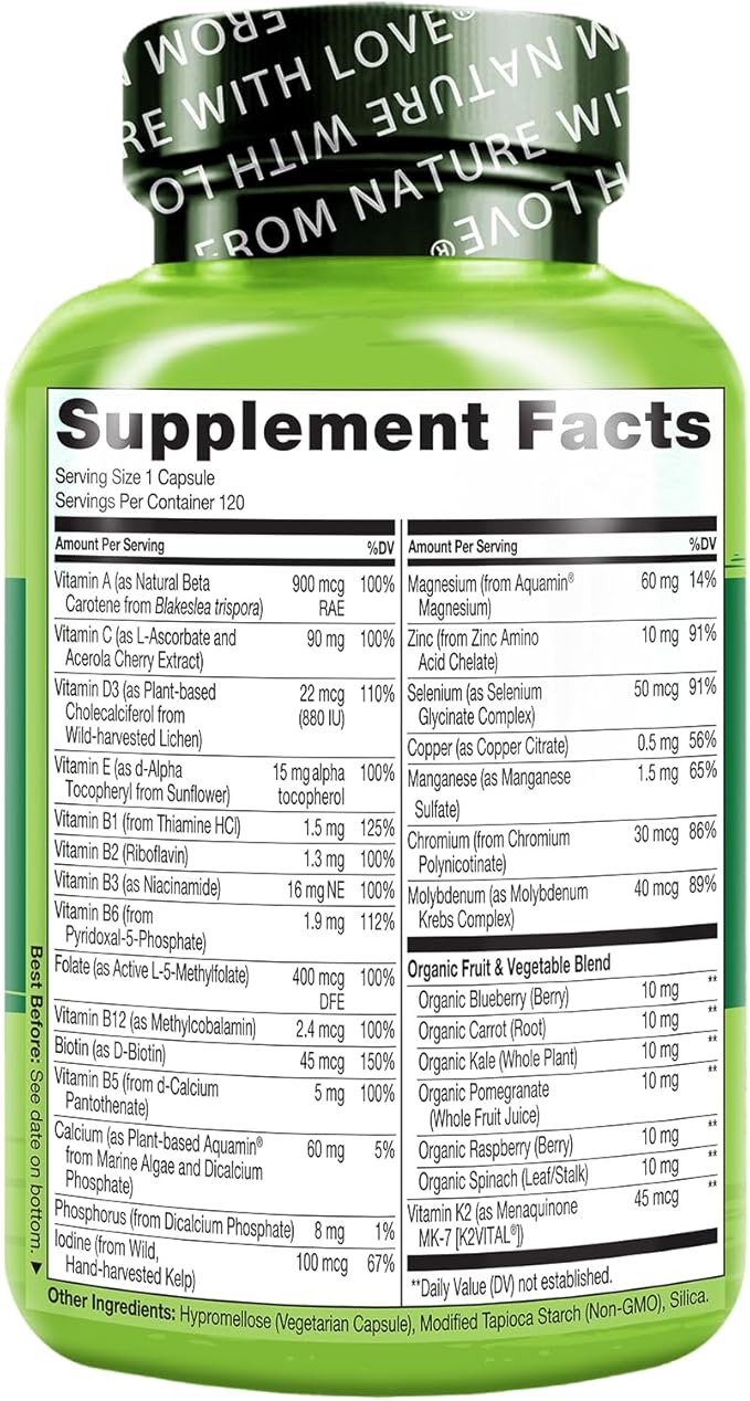 NATURELO One Daily Multivitamin for Women 50+ (Iron Free) - Menopause Support for Women Over 50 - Whole Food Supplement - Non-GMO - No Soy - 120 Capsules - 4 Month Supply-SeraviaPure