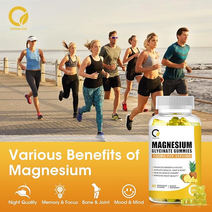 (2 Pack) Magnesium Glycinate Gummies 500mg, High-Absorption Magnesium Supplement with Calcium & Vitamins, Support Bone, Muscle, Night, Memory & Mood, Vegan, Non-GMO, 60 Counts, Pineapple Flavor