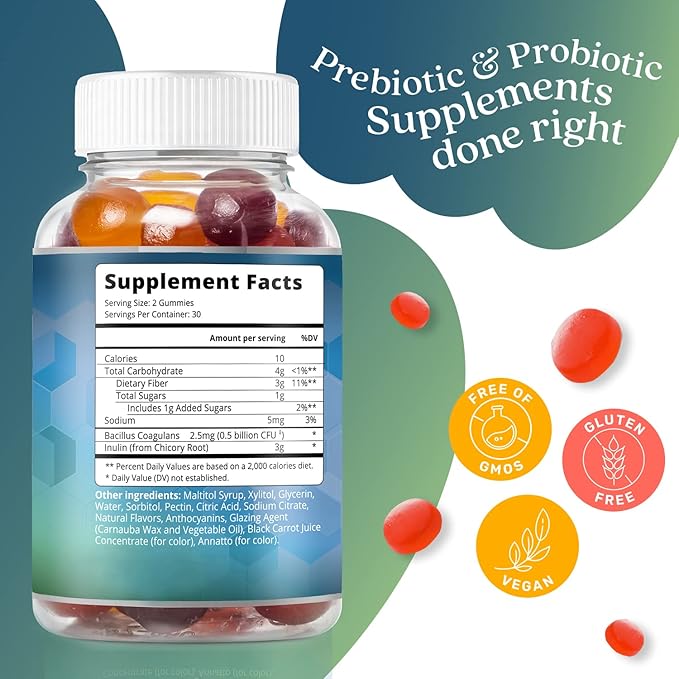 BeLive Synbiotics - Probiotic & Prebiotic Fiber Gummies – High Strength Inulin (3g), Dietary Fiber Supplement, Digestive Support for Kids & Adults - Strawberry, Lemon, Blueberry Flavor (60Ct)-SeraviaPure