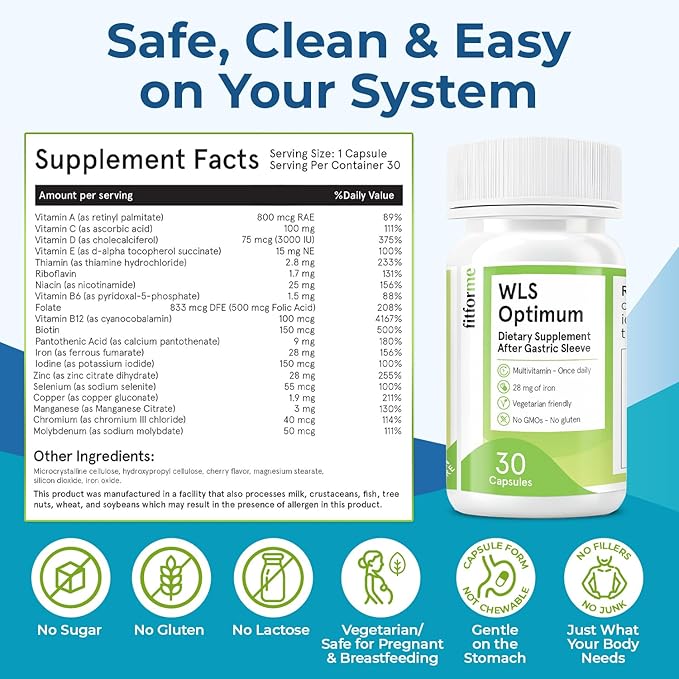 FitForMe One-a-Day Bariatric Multivitamin — After Weight-Loss Surgery (Gastric Sleeve) — Easy-to-Swallow WLS Optimum Capsule, 30 Count, 1-Month Supply