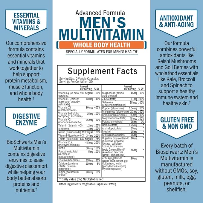 Men's Multivitamin with Vitamin C A B D3 E Zinc for Immune Support - Once Daily Supplement for Energy & Heart - Antioxidants & Digestive Enzymes for Absorption - Mental Clarity & Focus Support -60 Ct-SeraviaPure