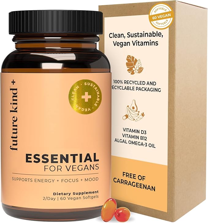 Future Kind Vegan Multivitamins - Glass Bottle & Made for Vegans w/Omega 3 DHA+EPA, Vitamin B12 & D3 - Vegan Vitamin for Energy, Focus, & Mood - Vegan Vitamins for Women & Men, 60 Tiny Softgels-SeraviaPure