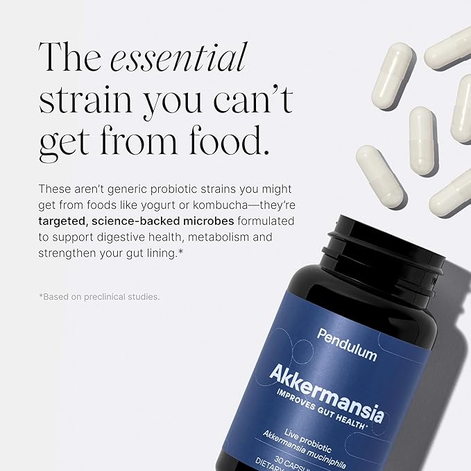 Pendulum Akkermansia Probiotic with Prebiotic Fiber - Increases GLP-1 Production, Delayed Release, Third-Party Tested, 100M AFU Live Strain for Gut Health for Men & Women (30 Capsules, 1-Pack)-SeraviaPure