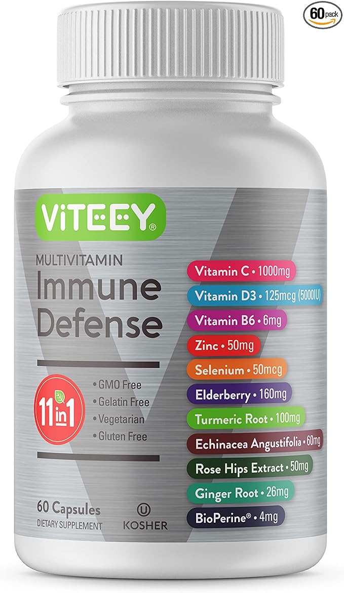 11 in 1 Multivitamin Immune Defense Supplement - Immune Booster Capsules with Vitamin D3, Vitamin B6, Echinacea, Turmeric, Rose-HIPS, Selenium, BioPerine, Ginger, Elderberry Vitamin C and Zinc-SeraviaPure