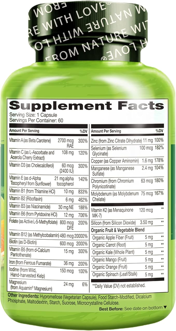 NATURELO Bariatric Multivitamin - One Daily with Iron - Supplement for Post Gastric Bypass Surgery Patients - Natural Whole Food Nutrition - 120 Veggie Capsules-SeraviaPure