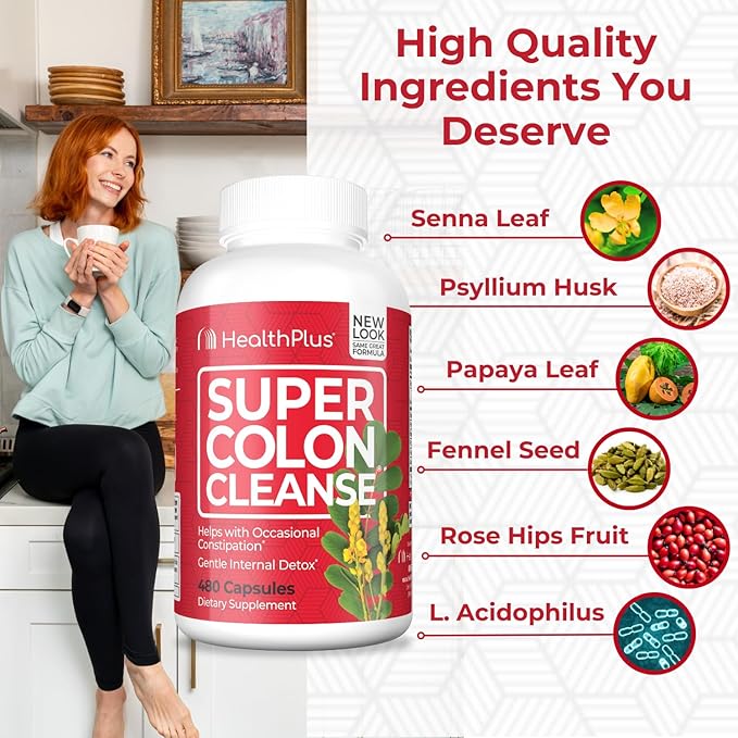 Health Plus Super Colon Cleanse: 10-Day Cleanse -Detox 12 Cleanses, 480 Capsules-SeraviaPure