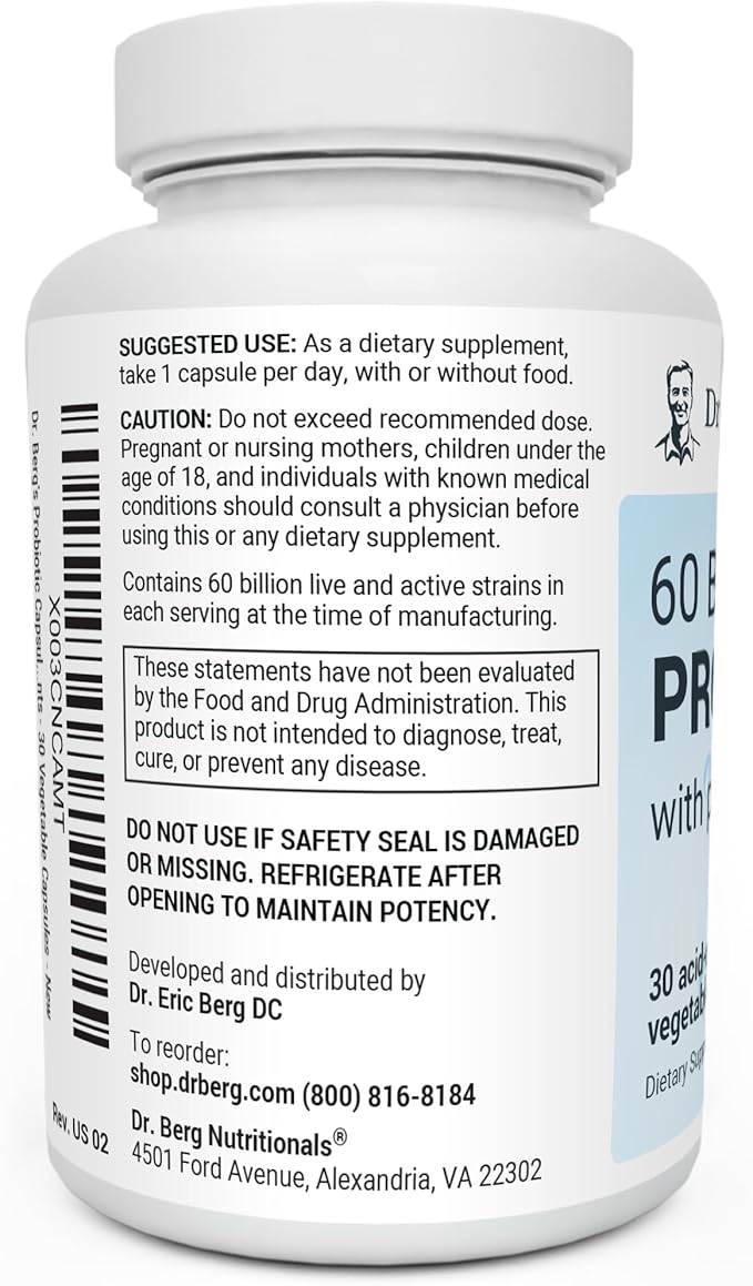 Dr. Berg 60 Billion Probiotic Supplement - Supports Occasional Constipation, Diarrhea, Gas & Bloating* - Pre and Probiotics for Digestive Health - 30 Probiotic Capsules-SeraviaPure