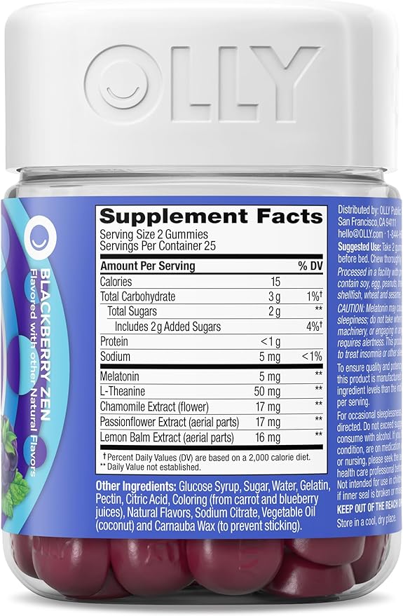 OLLY Extra Strength Sleep Gummy, 5 mg Melatonin, L-Theanine, Chamomile, Lemon Balm, Sleep Aid, BlackBerry - 50 Count-SeraviaPure