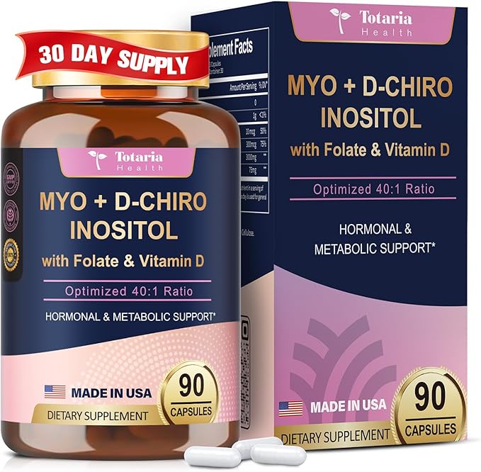 Inositol Supplement for Women with Vitamin D3, Folate, 40:1 Ratio Myo-Inositol 3000mg & D-Chiro Inositol 75mg Complex, (Vitamin B8) Inositol Capsules, 90 Capsules, 30 Servings-SeraviaPure