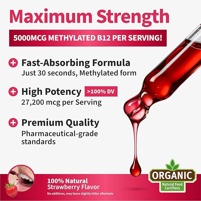 (2 Pack) Vitamin B12 and B6 Liquid Drops, B12 Sublingual Vitamin B Complex - B 12 Vitamin 5000mcg - B12 Methylcobalamin for Energy, Brain, and Heart Support with 27,200 mcg, Strawberry, 80 Servings