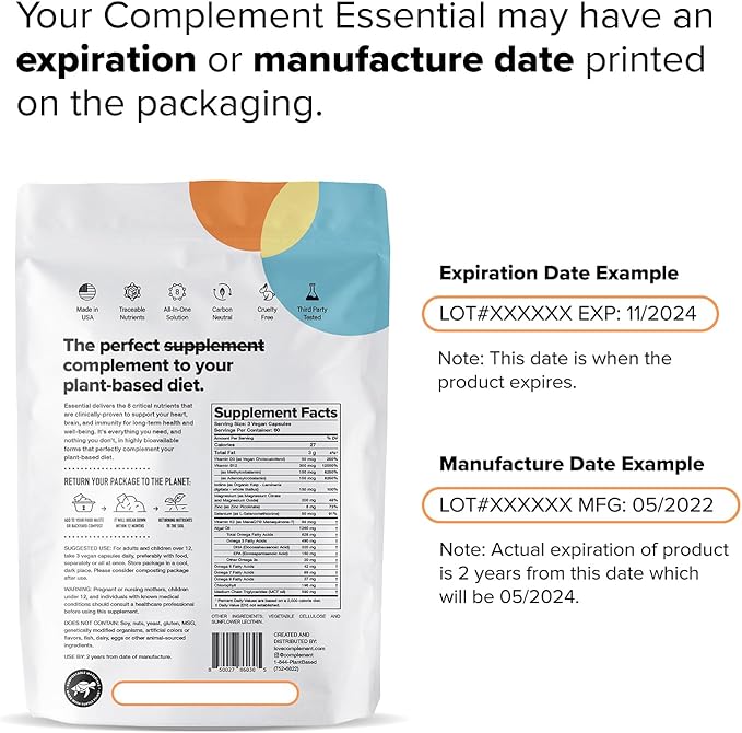 Complement 2 Month Supply Vegan Multivitamins for Women & Men (180 Capsules) Omega 3 DHA+EPA, Vitamin B12, Vitamin D3 K2, Zinc, Selenium, Magnesium, Iodine Supplement- Made in USA, 60 Servings-SeraviaPure