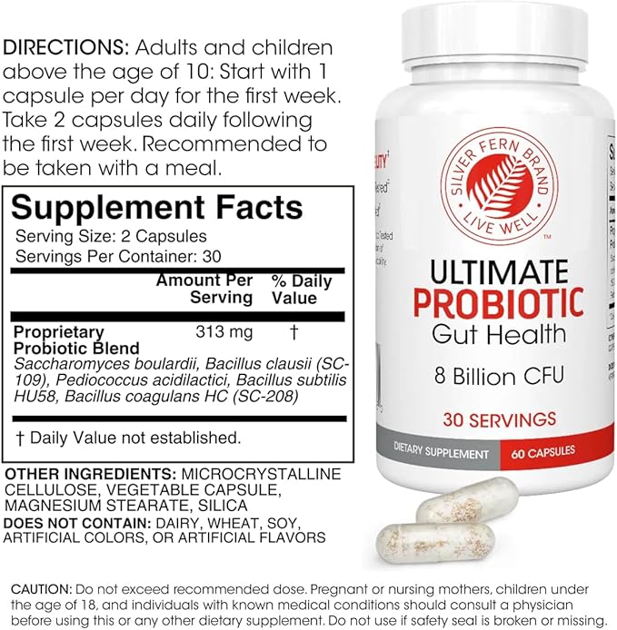 Silver Fern Brand Ultimate Probiotic 4-Pack – Probiotics for Women & Men – 8 Billion CFU Spore-Forming Gut Health Supplement – DNA Verified, Probiotic, Shelf-Stable, High Survivability – 240 Capsules-SeraviaPure