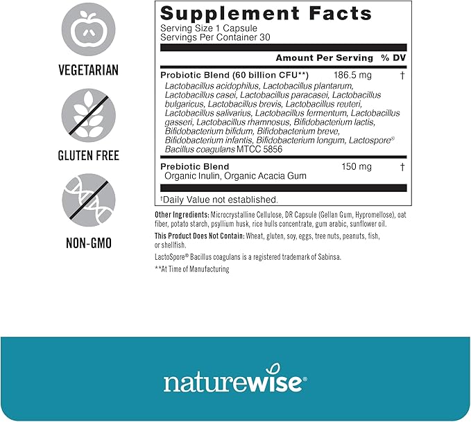 NatureWise Probiotics 60 Billion CFU - 17 Strains + Organic Prebiotics - Immune, Digestive & Gut Health Support for Women & Men - Vegetarian, Gluten-Free, Non-GMO - 30 Capsules[1-Month Supply]-SeraviaPure