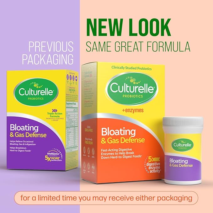 Culturelle Bloating & Gas Defense, Digestive Enzymes & Probiotics for Digestive Health, 30 Capsules, Supports Occasional Indigestion & Discomfort-SeraviaPure