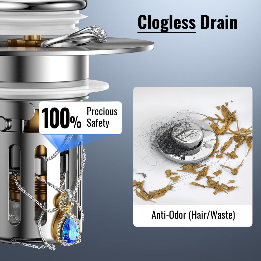 (2 Pc) All Metal Bathroom Sink Stopper Fit 99% - 3 in 1 Universal Pop Up Sink Stopper with Removable Stainless Steel Filter Basket Hair Catcher - for 1.1'' to 2.36'' Basin - Brass Core, 7000+ Tested