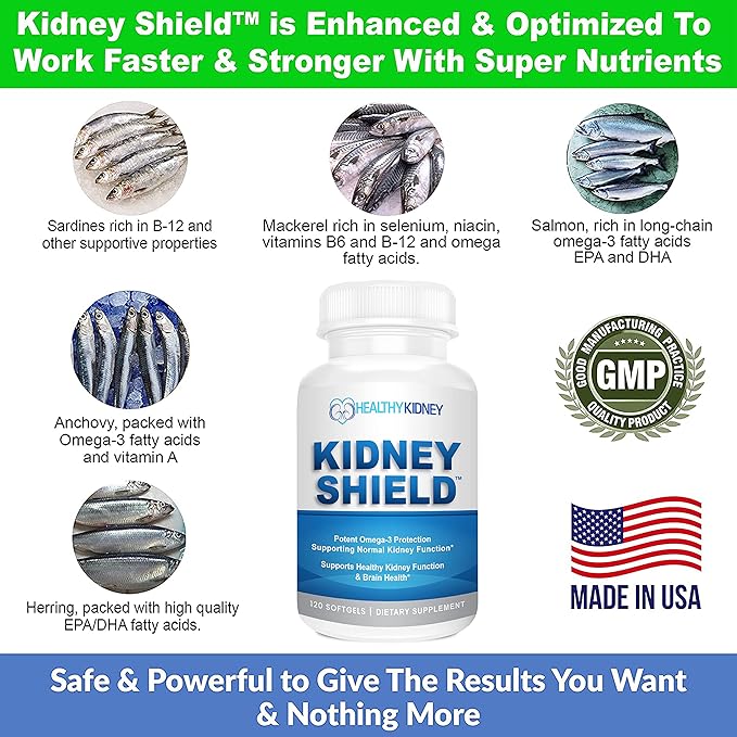 Kidney Shield Omega 3 Fish Oil Supplements - DHA EPA Omega 3 Supplement for Women & Men Kidney Health - Omega3 to Support Normal Kidney Function & Kidney Cleanse Detox & Repair - 120 Lemon Softgels-SeraviaPure