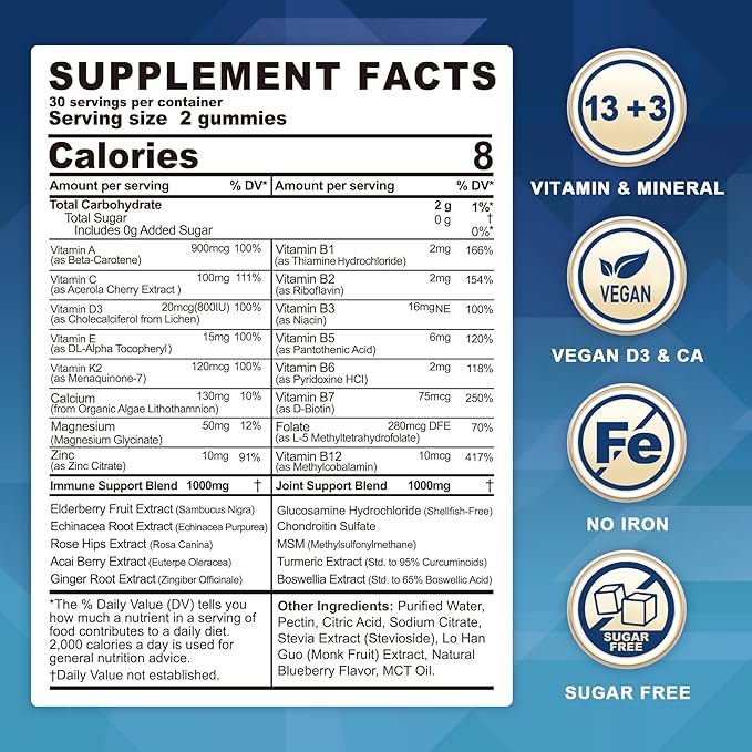 Sugar Free Multivitamin for Men & Women 50 Plus with Glucosamine Chondroitin MSM, Multivitamin Gummies Senior Multi Vitamin D3 K2 & A C E, B Complex, Algae Calcium Magnesium for Bone & Immune Support-SeraviaPure