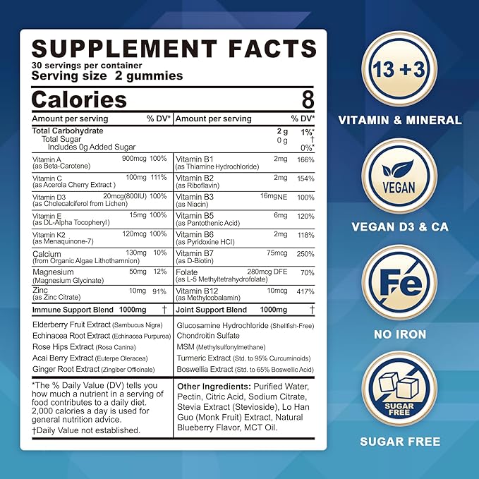 Multivitamin for Women 50+ & Men, Sugar Free Methylated Multivitamin Gummies with Glucosamine Chondroitin MSM for Senior, Chewable Multi Vitamin D3 K2 & A C E, B Complex, Algae Calcium Magnesium-SeraviaPure