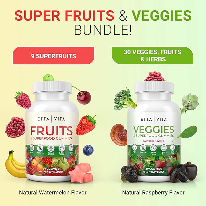 (120 Chews) Fruits and Veggies Supplement - Super Greens Gummies (9 Superfruits & 30 Veggies) Mushrooms, Fruit and Vegetable Vitamins, Non-GMO, Pectin-Based, Gluten-Free, No Capsules-SeraviaPure