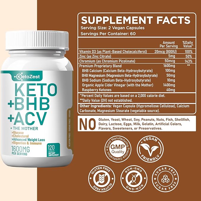 Keto ACV BHB Capsules 1600mg for Advanced Weight Loss & Belly Fat Burn - Organic Apple Cider Vinegar with The Mother Ketones Vegan Supplement - with Vitamin D3 Zinc Chromium for Men Women-SeraviaPure