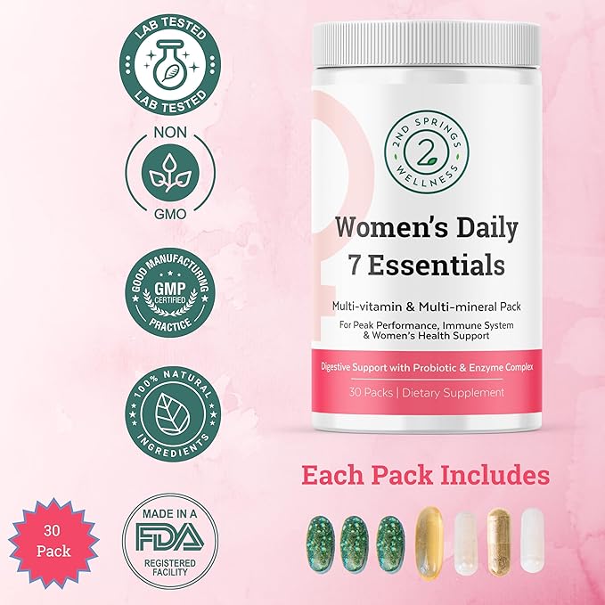 Daily 7 Essentials Women's Vitamin Pack -7 Pack Complete Women's Multivitamin Packet with Energy, Metabolism, Immune System, Women's Health Support with Probiotics, More-SeraviaPure