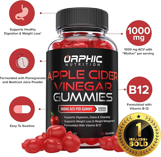 Apple Cider Vinegar Gummies - 1000mg - Formulated to Support Normal Energy Levels & Gut Health - Supports Digestion, Detox & Cleansing - ACV Gummies W/VIT B12, Beetroot (120 Gummies)-SeraviaPure