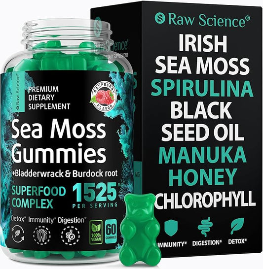 Irish Sea Moss Gummies - Detox Cleanse & Thyroid Support for Women & Men - Black Seed Oil, Manuka Honey, Fenugreek, Chlorophyll, Burdock Root - Gut Health, Immune Support & Energy Supplements - 60 pcs-SeraviaPure
