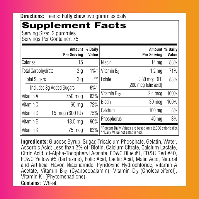 One A Day Teen for Her Multivitamin Gummies, Gummy Multivitamins with Vitamin A, C, D, E and Zinc for Immune Health Support, Physical Energy & more, 60 Count