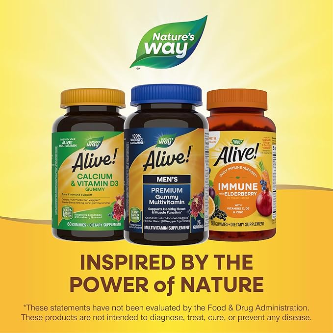 Nature's Way Alive! Men's Premium Gummy Multivitamin, Supports Healthy Heart, Muscle Function*, Full B-Vitamin Complex, Orange, Grape, Cherry Flavored, 75 Gummies (Packaging May Vary)-SeraviaPure