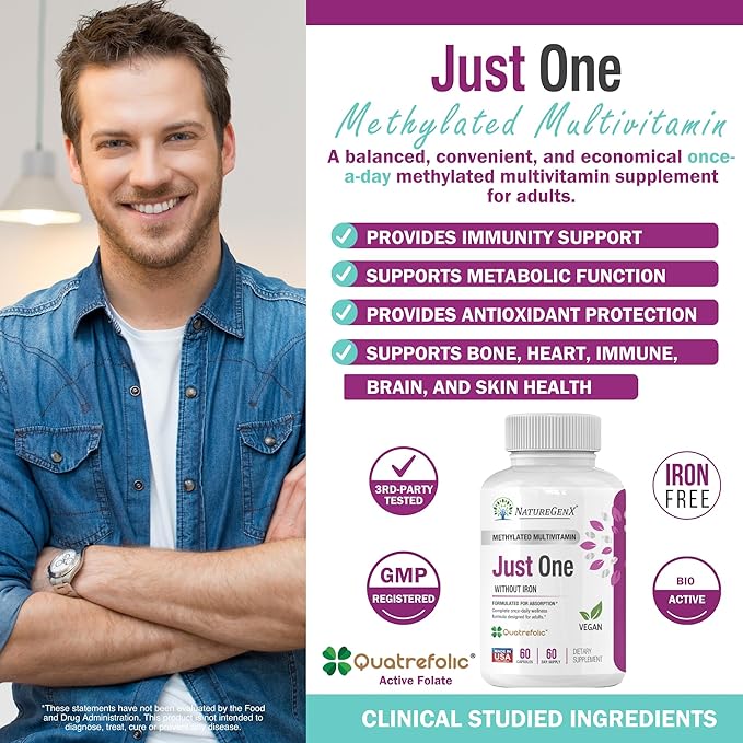Just One Daily Methylated Multivitamin - 60 Caps Pure Methyl B12, Methylfolate MTHFR Support Supplement Iron Free Methylated Vitamins for Men & Women 2 Months Supply Gluten Free-SeraviaPure
