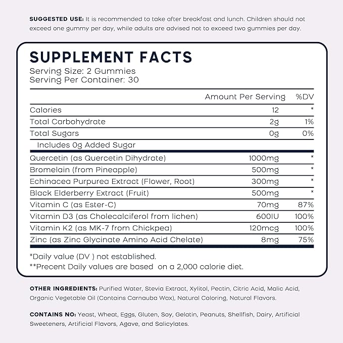 (2 Pack) Quercetin Gummies with Bromelain Zinc Elderberry Vitamin C D3 K2, Quercetin 1000mg Supplement with Bromelain 500mg for Cardiovascular, Immune System & Allergy, Vegan Gummy for Adult & Kid-SeraviaPure