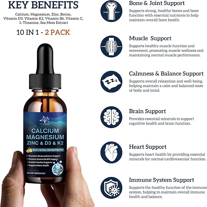 (2 Pack) 10 in 1 Magnesium Calcium Zinc Supplement with Vitamin C D3 K2, Glycinate Mag Vegan Liquid Drops Plus L-Theanine Boron Sea Moss Extract, Immune Support, Bone, Sleep & Leg Cramps, 1 Fl Oz-SeraviaPure