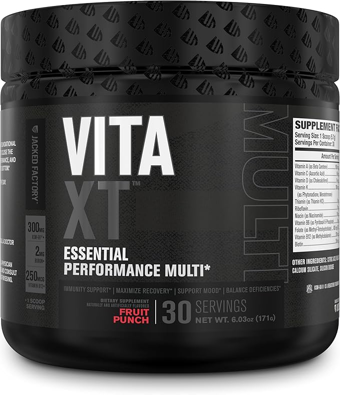 Jacked Factory Vita XT Performance Vitamin Powder - Daily Multivitamin Powder for Men with KSM-66 Ashwagandha, Prebiotic Fiber, Vitamin A, C, D, K, B6, B12, & More - Fruit Punch, 30Sv-SeraviaPure