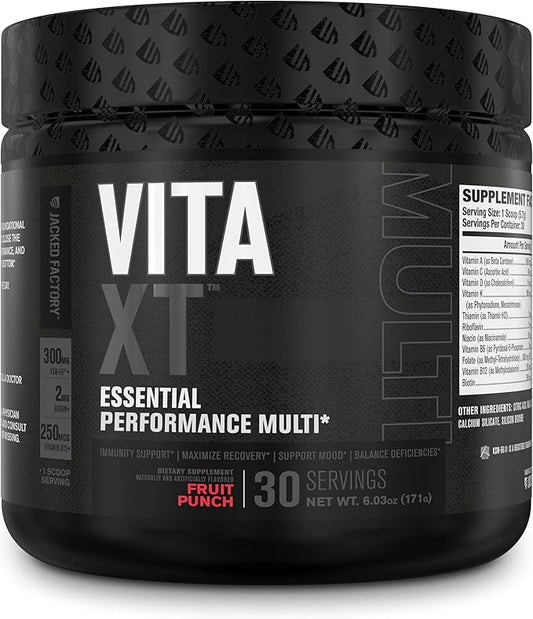 Jacked Factory Vita XT Performance Vitamin Powder - Daily Multivitamin Powder for Men with KSM-66 Ashwagandha, Prebiotic Fiber, Vitamin A, C, D, K, B6, B12, & More - Fruit Punch, 30Sv-SeraviaPure