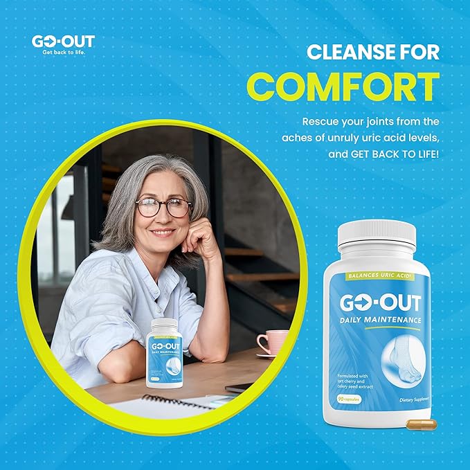 Go Out Daily Maintenance - Natural Uric Acid Support with Tart Cherry, Celery Seed, and Turmeric - Vegan, Non-GMO, Gluten-Free Supplement for Joint Comfort and Healthy Kidney Function 90 Capsules-SeraviaPure