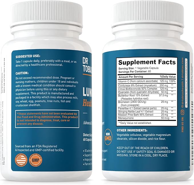 Dr. Tobias Lung Health, Lung Support Supplement with Vitamin C, Butterbur, Quercetin & Bromelain, Lung Cleanse & Detox Formula for Bronchial & Respiratory System, Non-GMO, 120 Capsules-SeraviaPure