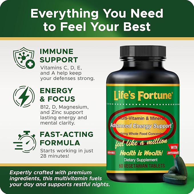 Life's Fortune Multivitamin & Mineral 60 Tablets, All Natural Energy Source Supplying Whole Food Concentrates, Antioxidants, Amino Acids, Enzymes, Trace Minerals & More-SeraviaPure