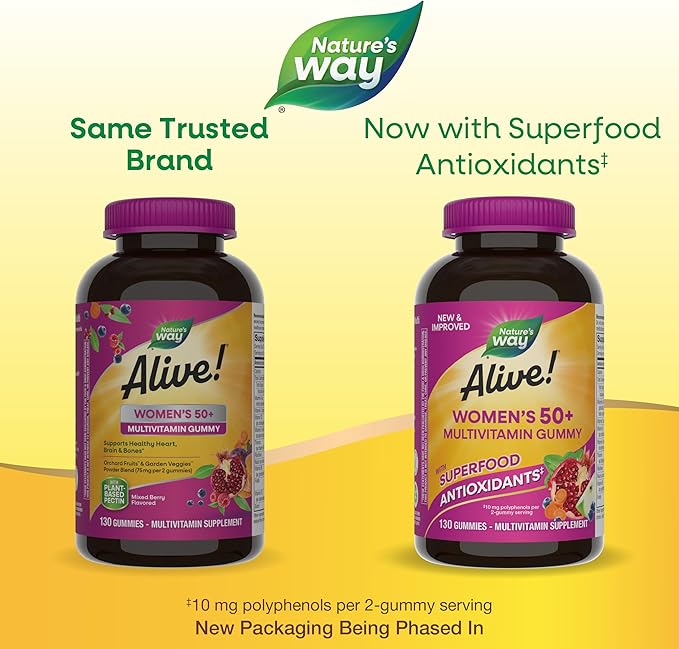 Nature's Way Alive! Women’s 50+ Daily Gummy Multivitamins, Supports Multiple Body Systems*, Supports Healthy Heart, Brain & Bones,* B-Vitamins, Mixed Berry Flavored, 130 Gummies (Packaging May Vary)-SeraviaPure