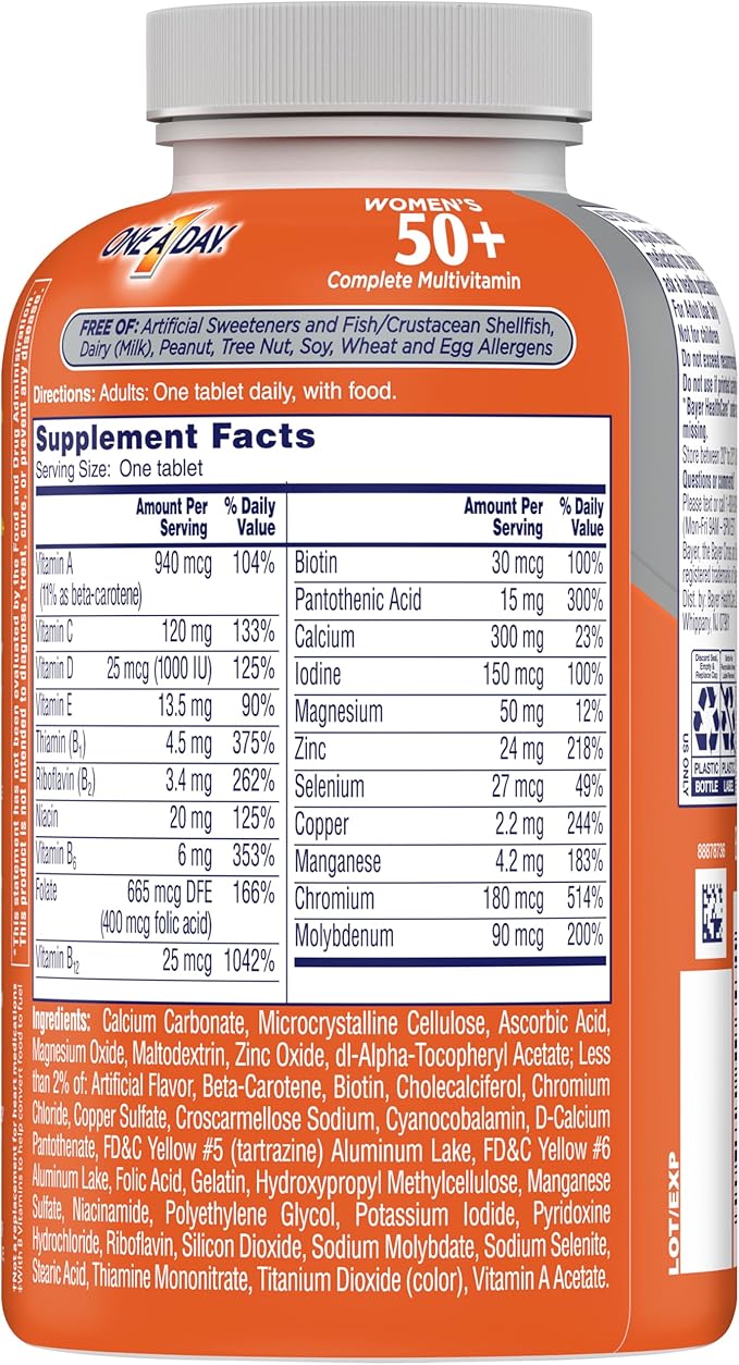 One A Day Women’s 50+ Multivitamins Tablet, Multivitamin for Women with Vitamin A, C, D, E and Zinc for Immune Health Support*, Calcium & more, 200 Count-SeraviaPure
