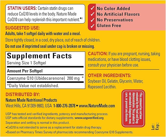 Nature Made CoQ10 200 mg, Dietary Supplement for Heart Health and Cellular Energy Production, 100 Softgels, 100 Day Supply-SeraviaPure