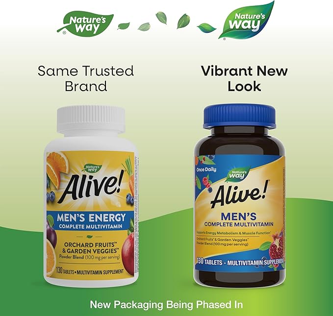 Nature's Way Alive! Men's Complete Daily Multivitamin, Supports Energy Metabolism & Muscle Function*, with B-Vitamins, Gluten Free, 130 Tablets (Packaging May Vary)-SeraviaPure