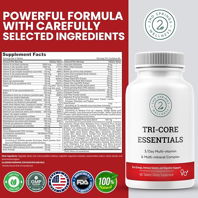 Tri-Core Essentials - 3 A Day Comprehensive Multivitamin Multimineral Complex with Probiotics, Prebiotics, Digestive Enzymes, Mushrooms, Adaptogens, and 45 Fruits and Vegetables - 180 Tablets-SeraviaPure
