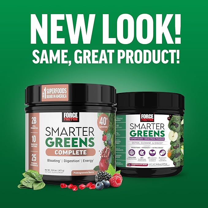 Force Factor Smarter Greens Superfoods Powder to Support Digestion, Gut Health, Bloating, Greens Powder with Probiotics, Prebiotics, Digestive Enzymes, & Adaptogens, Pomegranate Berry, 30 Servings-SeraviaPure