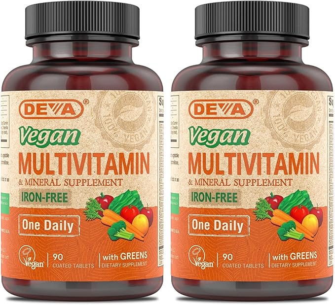 DEVA Vegan Multivitamin and Mineral Supplement - One Daily Vitamin Formula with Greens - Iron Free - 90 Coated Tablets (Pack of 2)-SeraviaPure