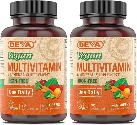 DEVA Vegan Multivitamin and Mineral Supplement - One Daily Vitamin Formula with Greens - Iron Free - 90 Coated Tablets (Pack of 2)-SeraviaPure