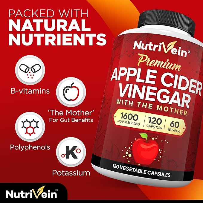Nutrivein Apple Cider Vinegar Capsules with Mother - 1600mg - 120 Vegan Pills - Supports Healthy Diet, Digestion, Keto, Cleanser - Best Supplement for Immune System - ACV Raw-SeraviaPure