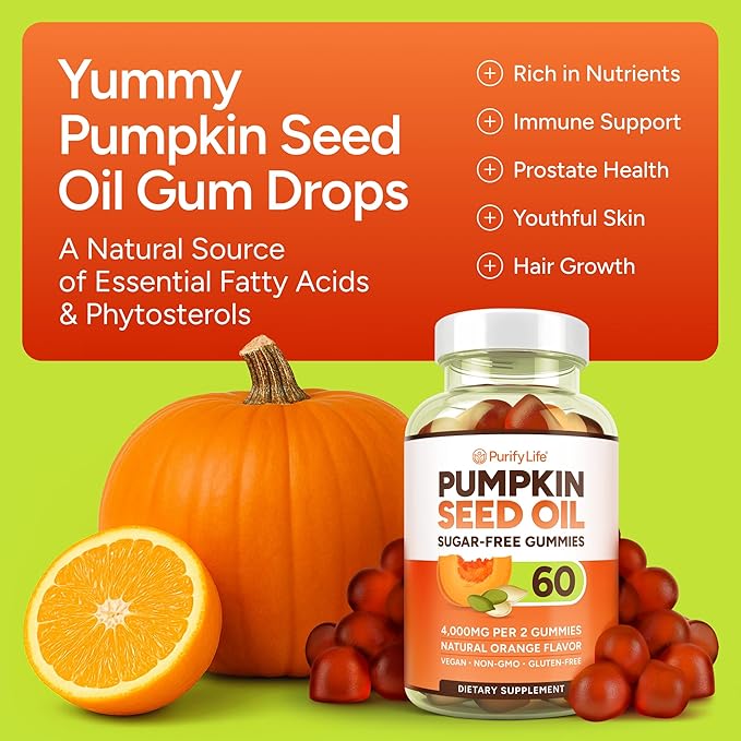 Sugar-Free Pumpkin Seed Oil Gummies (4,000mg/serving) Pumpkin Seed Oil for Hair Growth, Youthful Skin, Prostate Health, Immune & Urinary Tract Support-Natural Source of Essential Fatty Acids-60 Chews-SeraviaPure