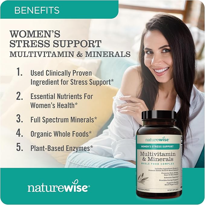 NatureWise Multivitamin for Women + Stress Support + B-Complex + Vitamin C + D3 K2 for Immunity, Hair, Skin & Nails, Digestion + Whole Organic Foods - Vegetarian, Non-GMO - 60 Capsules[1-Month Supply]-SeraviaPure