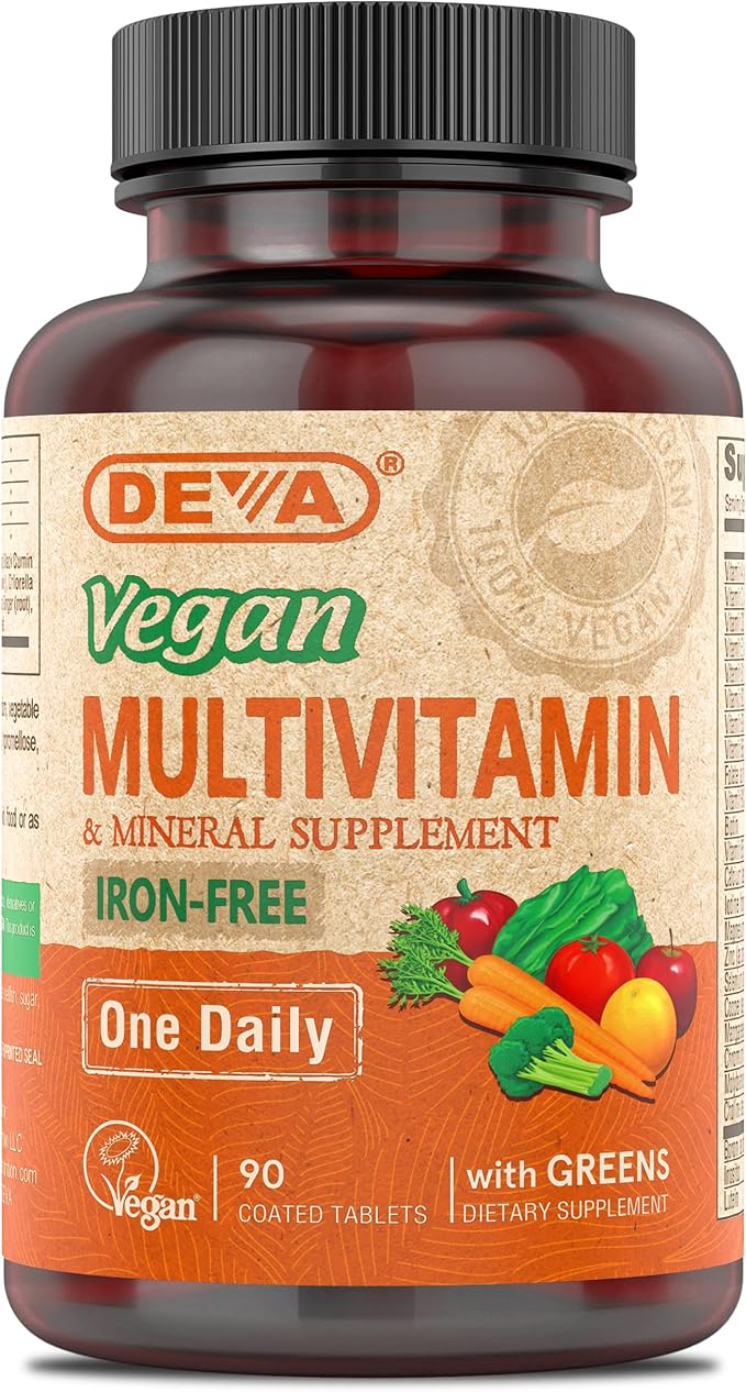 DEVA Vegan Multivitamin & Mineral Supplement Iron-Free - Vegan Formula with Green Whole Foods, Veggies, and Herbs - High Potency - 100% Vegan - 90 Count (Pack of 1)-SeraviaPure